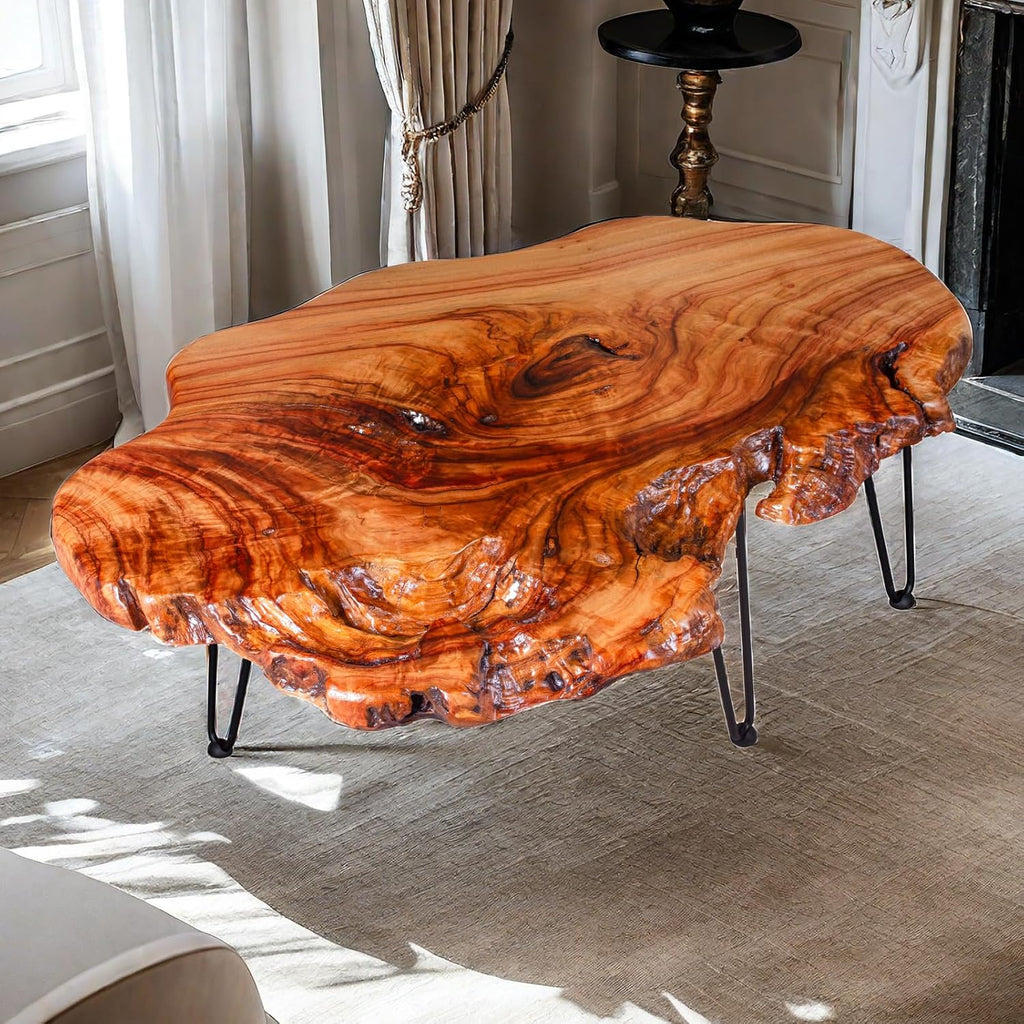 Handcrafted Edge Coffee Table | Natural Wood with Unique Organic Shape | Metal Hairpin Legs for Living Room, Side Table & Boho Decor