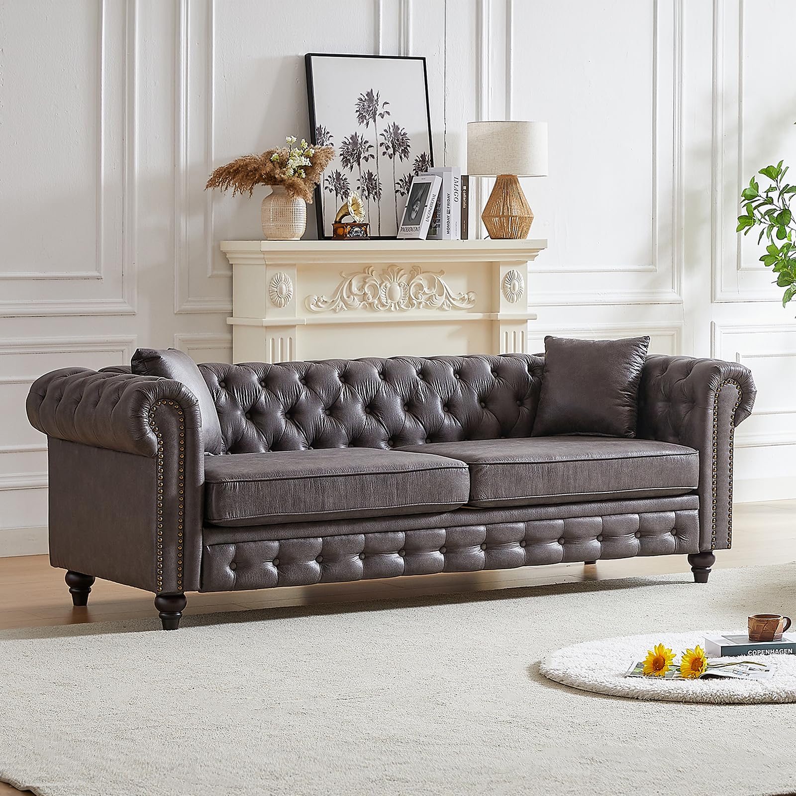 Mid Century Modern Couch,85.5" High-tech Fabric Button Tufted Oversized Loveseat Sofa w/ Nailhead Trim&Roll Armrest,Upholstered Comfy Deep Seat Chesterfield Sofa for Living Room,Office(3 Seater,Brown)