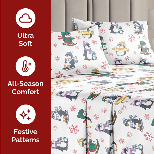 King Christmas Tree Sheet Set - Holiday Xmas Pattern Linen Set - Deep Pockets - Snug Fit - 4 Piece - Wrinkle Free - Comfy & Cooling Festive Winter Bedding - Easy To Care For - Kid Friendly