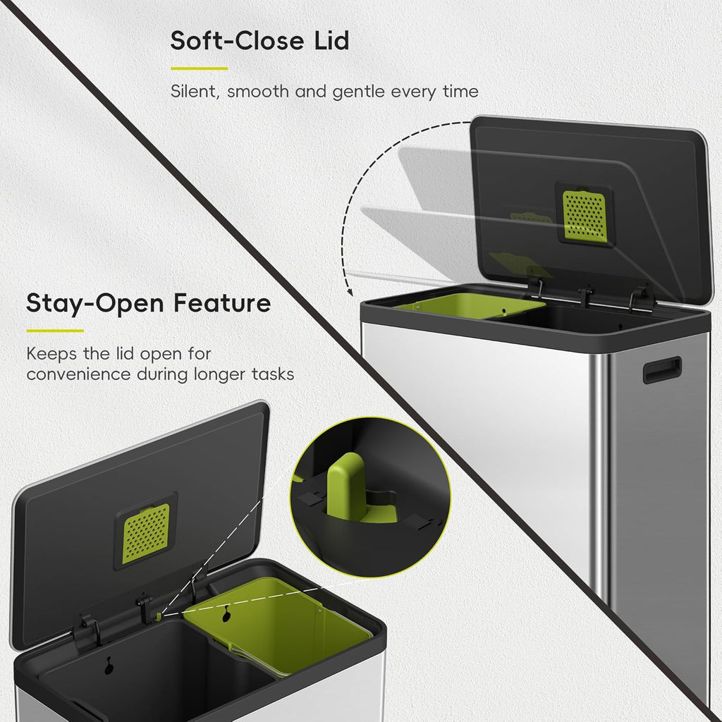 EKO EcoCasa II 36L+24L Dual Trash Can with Recycle Bin, Stainless Steel Garbage Can with Lid, Deodorizer Compartment, Odor-Proof and Fingerprint Resistant