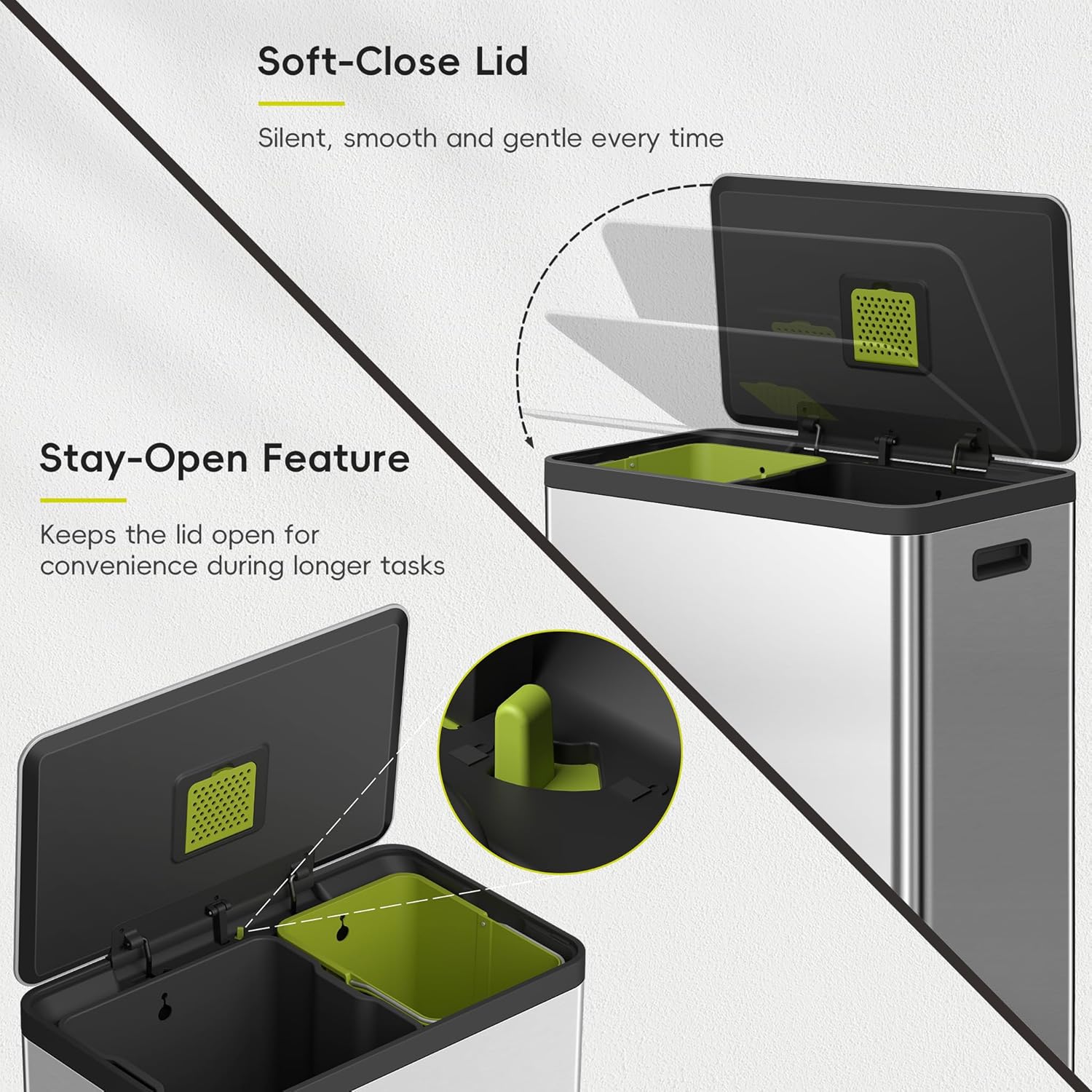 EKO EcoCasa II 36L+24L Dual Trash Can with Recycle Bin, Stainless Steel Garbage Can with Lid, Deodorizer Compartment, Odor-Proof and Fingerprint Resistant