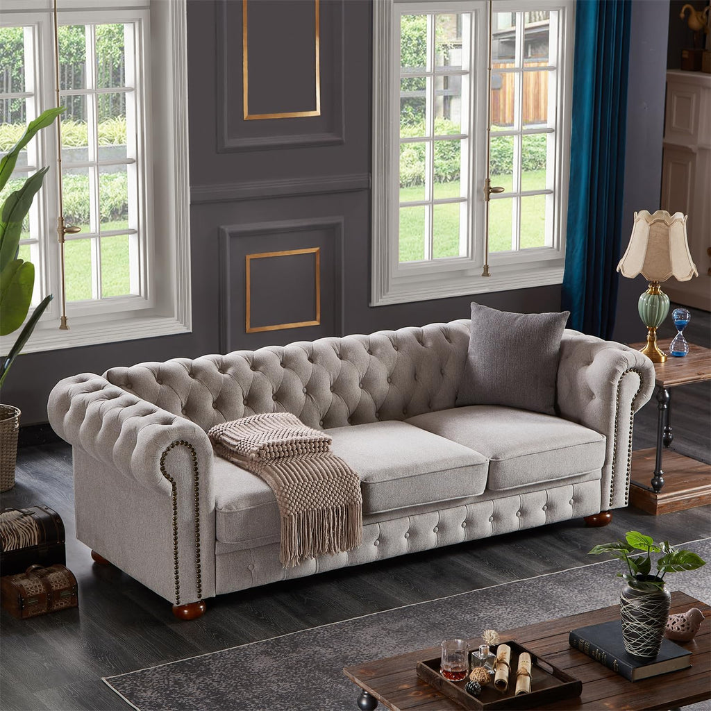 Harper & Bright Designs 3-Seat Chesterfield Sofa with Button Tufted, Nailhead Trim and Solid Wood Legs, Classical Linen Fabric Couch for Living Room, Office, Light Grey