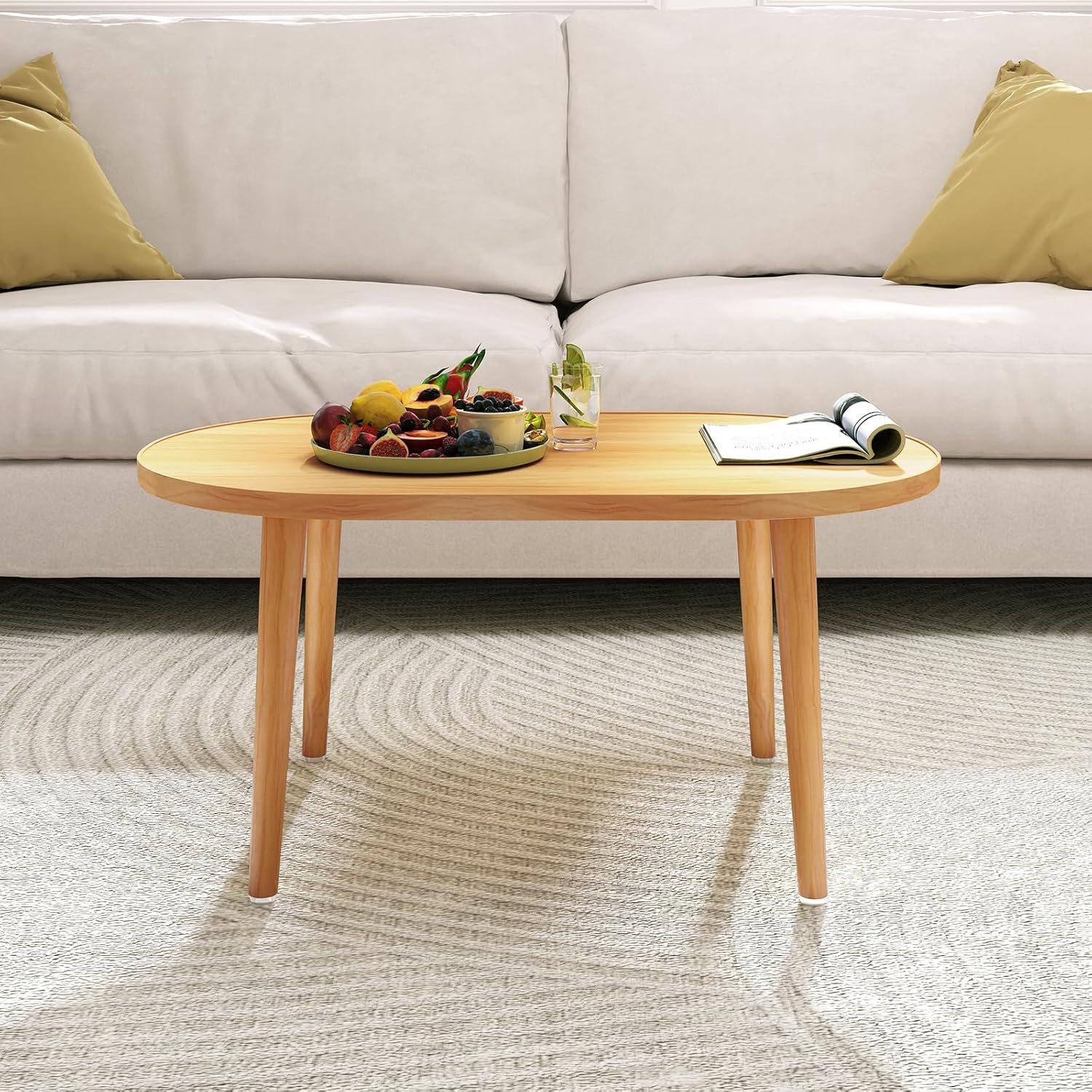 Oval Coffee Table Low Table with 4 Solid Wood Sturdy Legs, Floor Table Desk for Sitting on The Floor, Storage and Living Room Furniture (Natural)