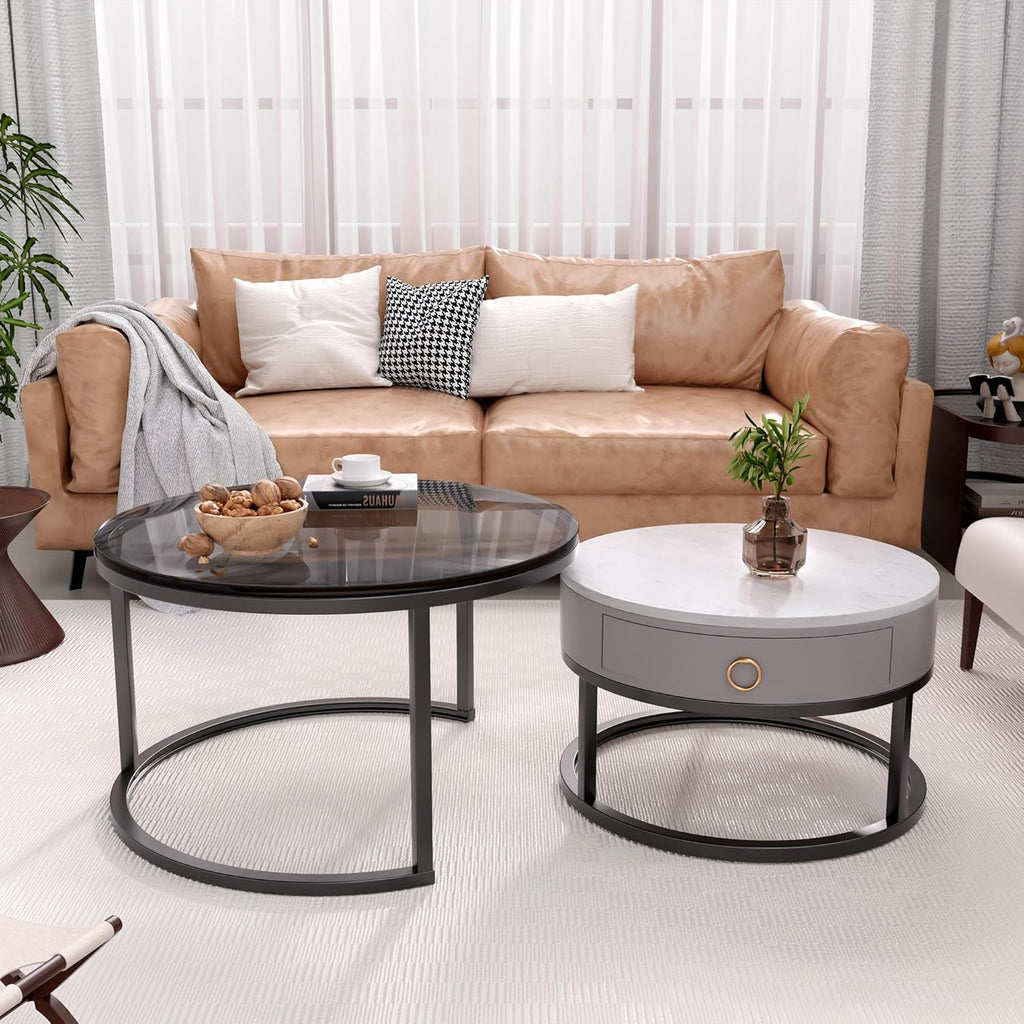 Jerry & Maggie Ø 27.5" Modern Nesting Coffee Table Set of 2, Round Glass Coffee Table & Side Table with Drawer, Tempered Glass & Leather Upholstery, Coffee Tables for Living Room, Small Space Friendly