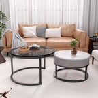 Jerry & Maggie Ø 27.5" Modern Nesting Coffee Table Set of 2, Round Glass Coffee Table & Side Table with Drawer, Tempered Glass & Leather Upholstery, Coffee Tables for Living Room, Small Space Friendly