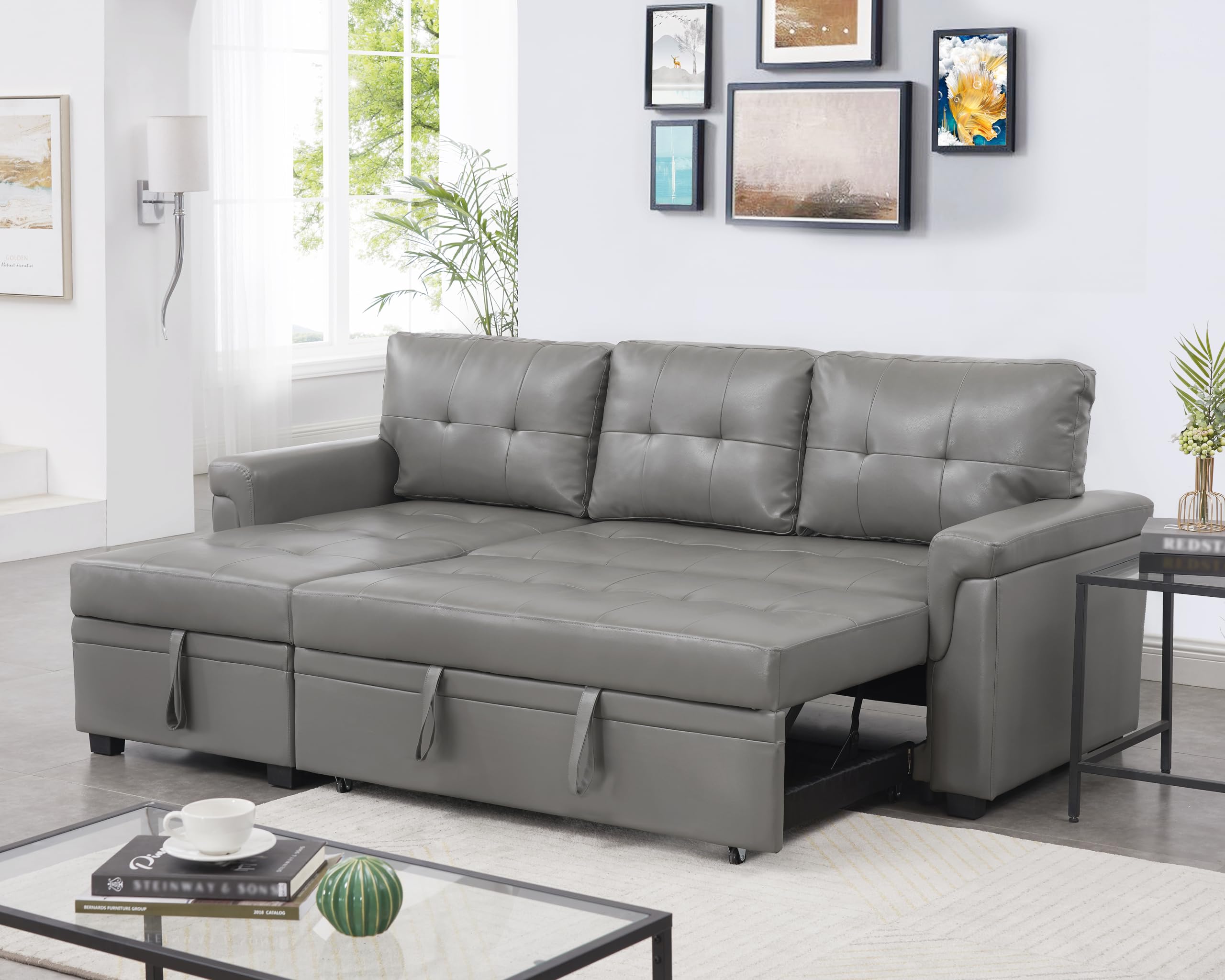 Naomi Home Jenny Sectional Sofa Sleeper with Storage Chaise, Tufted Pull Out Couch with Storage, Sectional Bed, L-Shaped Reversible Sleeper Sofa, Black,Air Leather