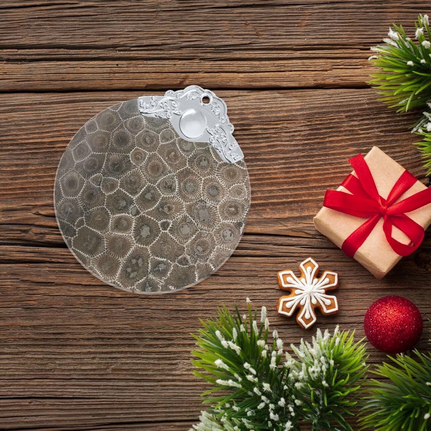 Petoskey Stone Christmas Ornaments for Xmas Tree Decorations with Metal Ringfor Party Decoration Hanging