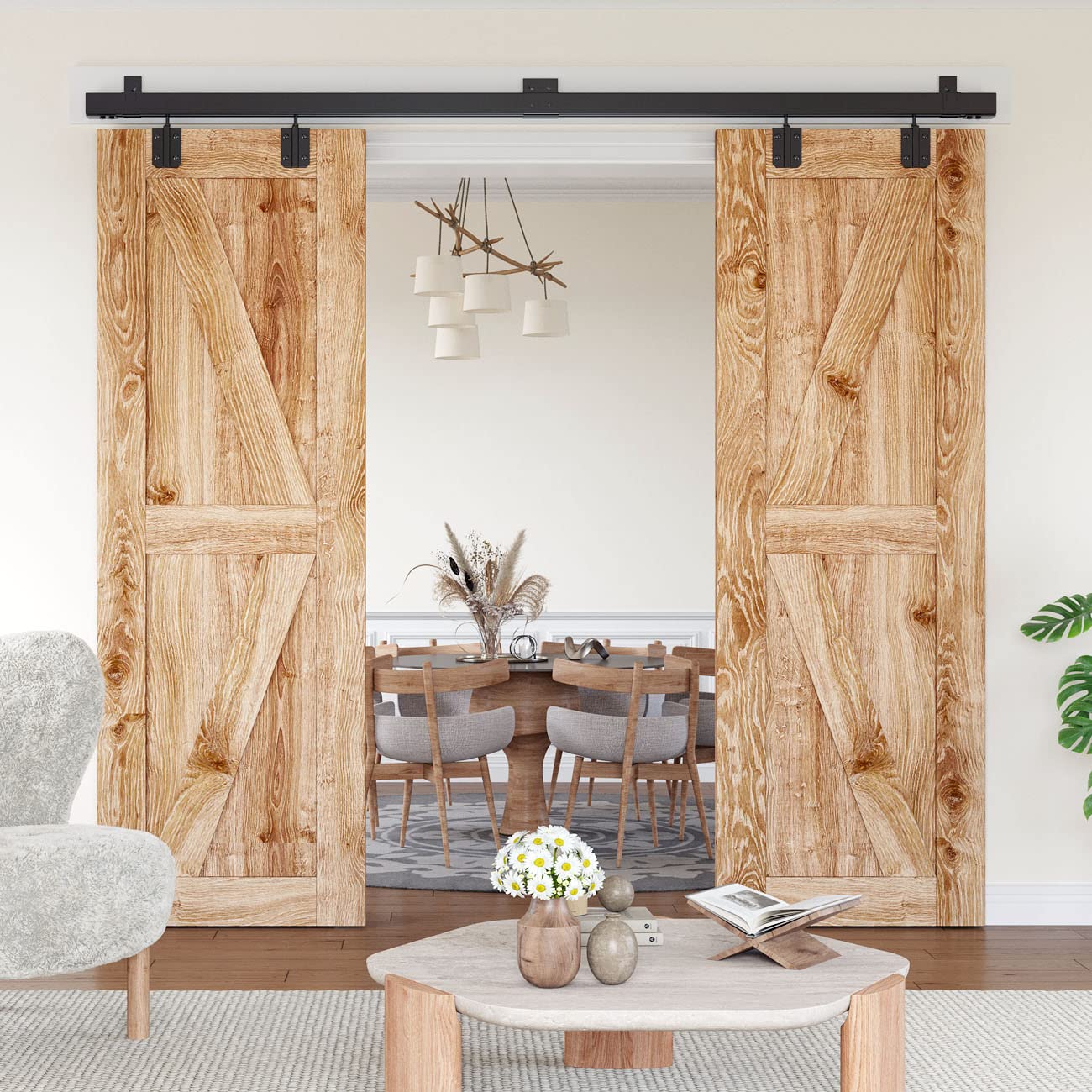 SMARTSMITH 8FT Box Rail Hardware Heavy Duty Steel Sliding Barn Door Track, Wall Mount Kit, Fit Indoor and Exterior Door, Smoothly and Quietly Easy to Install Double Door