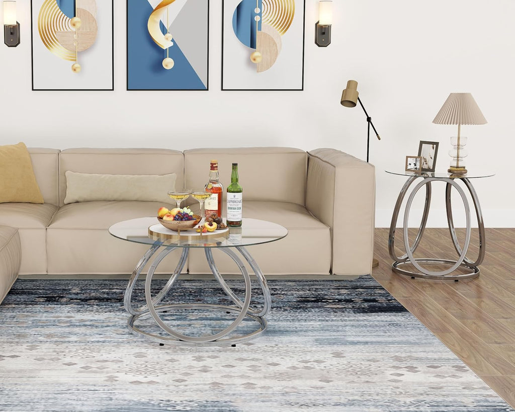 O&K FURNITURE Silver Coffee Table, Modern Glass Coffee Table Living Room Table with Ring-Shaped Frames, Glass Coffee Table for Home&Office, Chrome Finish, 1 PC