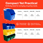 Multi Bin Recycling System with Three Stackable 6 Gallon Recycle Bins to Build Your Recycling Center for Offices, Kitchen, Garages, Businesses (3 Pack, Blue/Grey/Green)