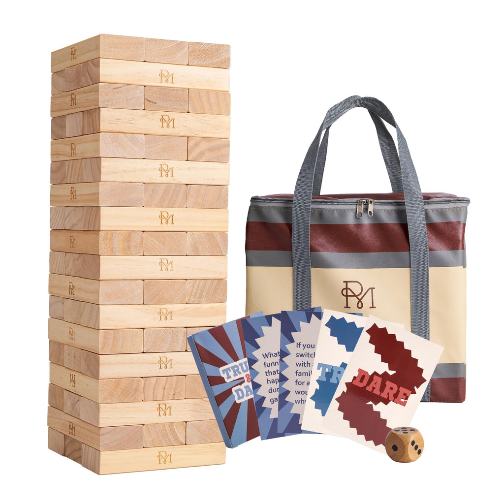 RM ROOMERS Tour Géante Tumble Tower, Jeu de 54 Blocs en Bois à Empiler avec Sac de Transport en Cuir, Dés, Cartes Vérité ou Conséquence, Jeu de Tour Géante pour Famille pour Intérieur Extérieur Jardin Pelouse Fête