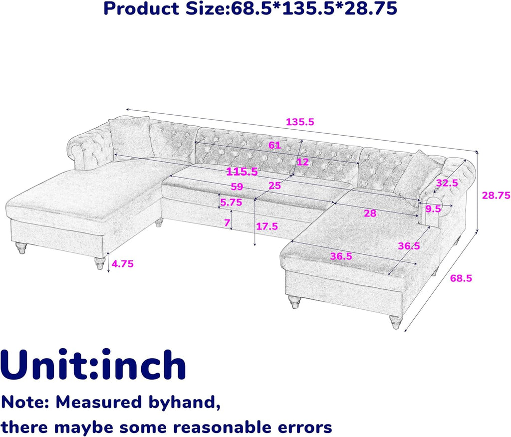 U-Shaped Oversized Symmetrical Sectional Sofa Couch Classic Chesterfield Scroll Armrest Button Tufted Sofa&Couch with Extra Wide Chaises and 2 Pillows for Living Room Home Theater/Office/Apartment