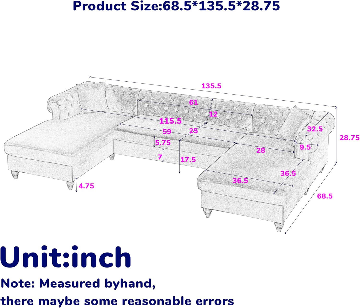 U-Shaped Oversized Symmetrical Sectional Sofa Couch Classic Chesterfield Scroll Armrest Button Tufted Sofa&Couch with Extra Wide Chaises and 2 Pillows for Living Room Home Theater/Office/Apartment