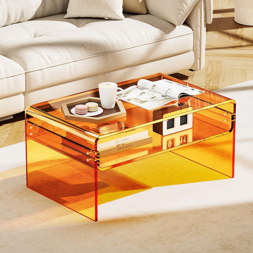 Acrylic Coffee Table for Living Room Clear Rectangle Lucite Table with Open Storage Shelf, Orange