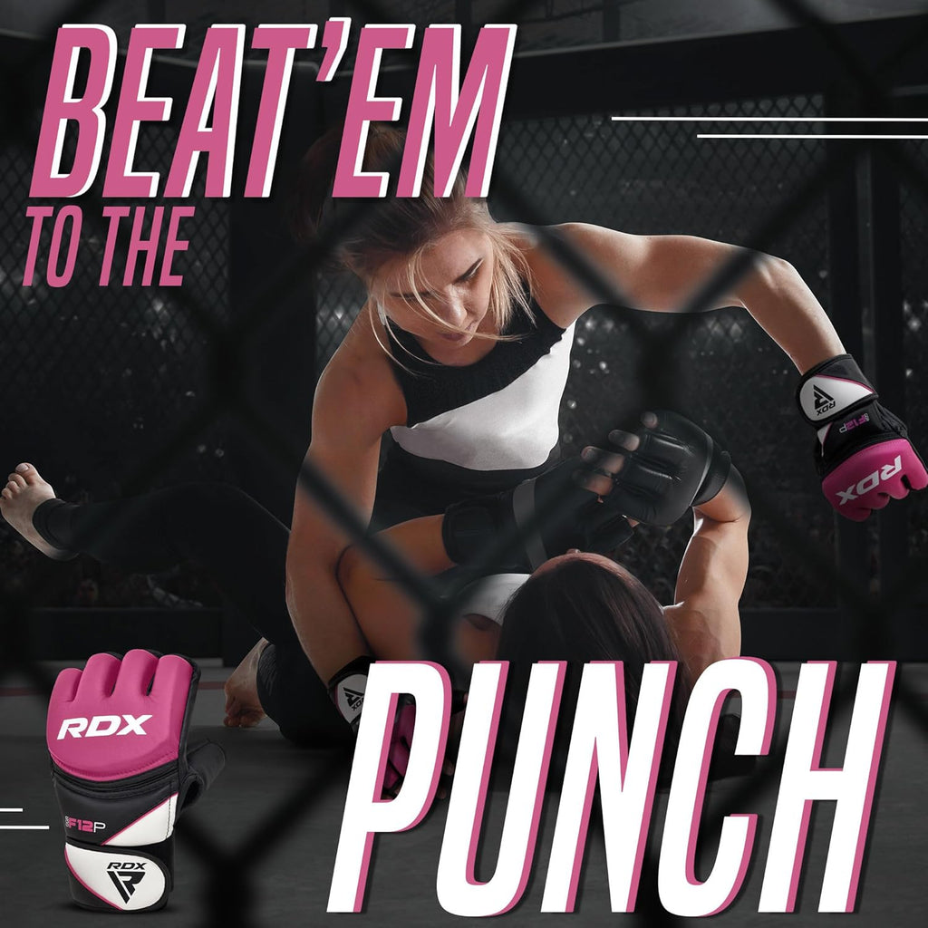 RDX MMA Gloves Grappling Sparring, Maya Hide Leather, Boxing Gloves Men Women Muay Thai Martial Arts Training, Half Finger Adjustable Mitts Wrist Support Kickboxing Cage Fighting Punching Bag Workout