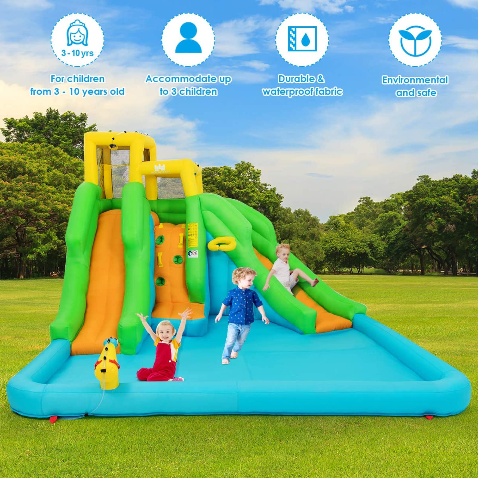 BOUNTECH Inflatable Water Slide, 6 in 1 Giant Water Park for Outdoor with Dual Slides for Racing Fun, Climbing Wall, Blow up Water Slides Inflatables for Kids Backyard Party Gifts (Without Blower)