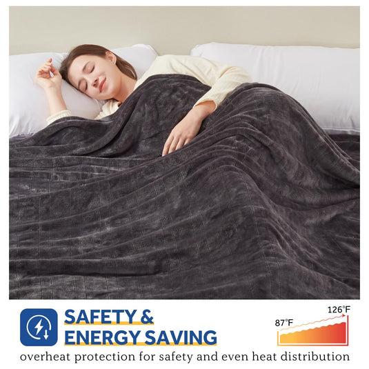 SEALY Electric Blanket Throw, Flannel Heated Blanket with 6 Heat Settings & 2-10 Hours Auto Shut Off, Fast Heating & Machine Washable for Home Office Use, 50x60 Inch, Light Grey