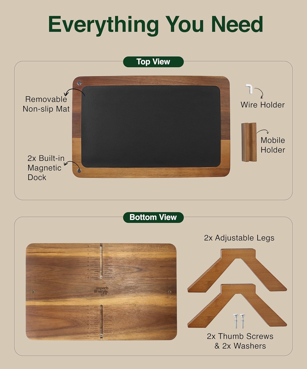 Acacia Couch Arm Tray/Mini Table – 2 in 1 Couch arm Table (15.3” x 9.8” x 4”), Adjustable Legs (up to 8.8”), 360° Rotating Phone Holder, Wire Holder, Non-Slip Mat – Couch Tray to Keep Snacks, Coffee