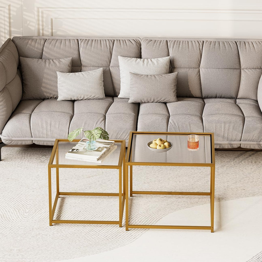 VILAWLENCE Coffee Table Set of 2, Modern Gold Glass Side Table, Metal Frame Square End Table, Center Tables, Nesting Coffee Table for Living Room, Bedroom and Small Spaces, 23.6in
