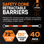 Retractable Barrier for Safety Traffic Cones - 2" OD - Large Yellow and Black Bar Barricade - for Road Construction, Parking, Warning, Temporary Security Divider (40, Orange & White, 72" x 120")