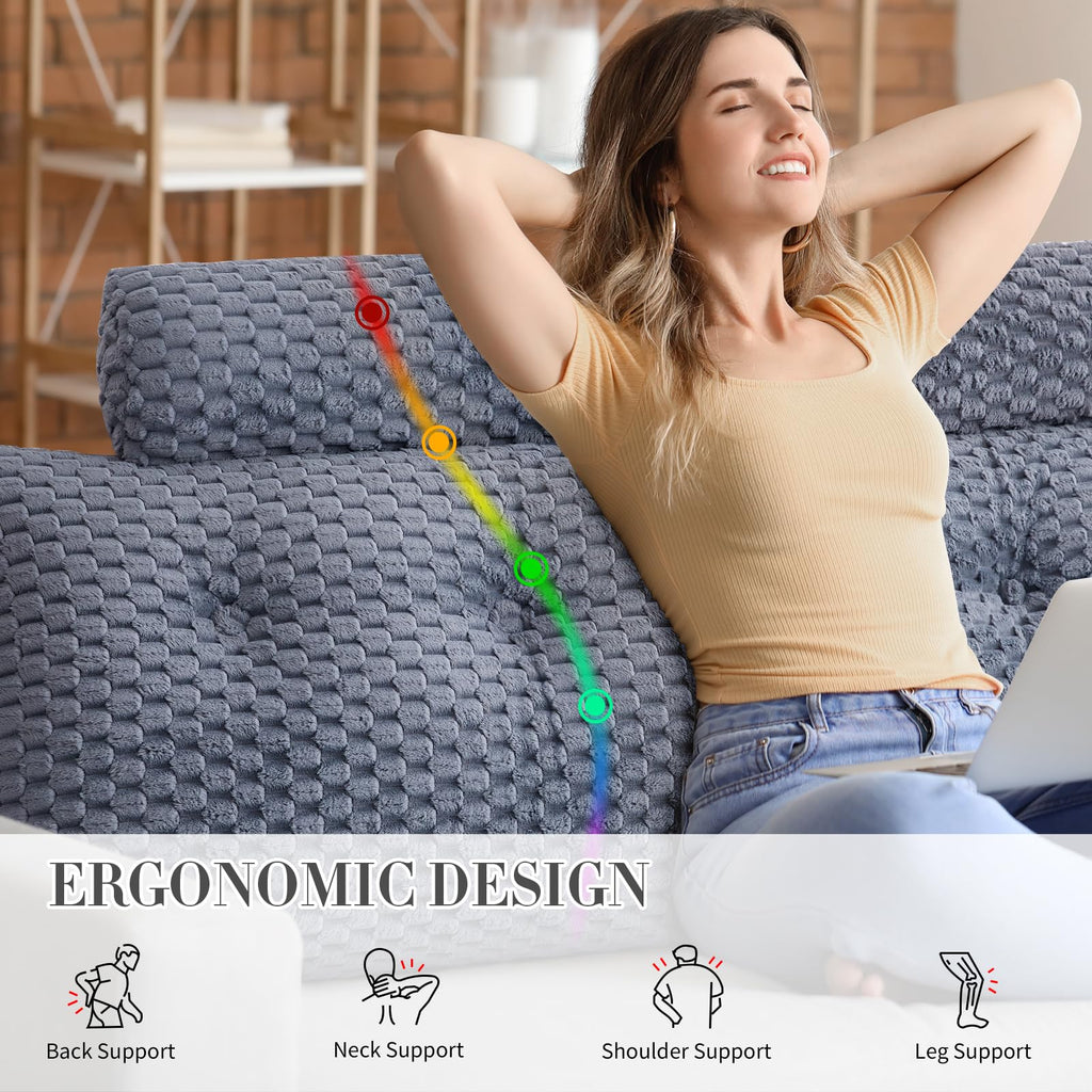 EUHAMS Wedge Headboard Pillow - Bed Wedge Pillow for Headboard Triangular Headboard Pillow with Neck Roll Pillow-Large Bolster for Sitting in Bed Backrest Positioning Support (Grey,59x8x20 Inches) - Grand Goldman