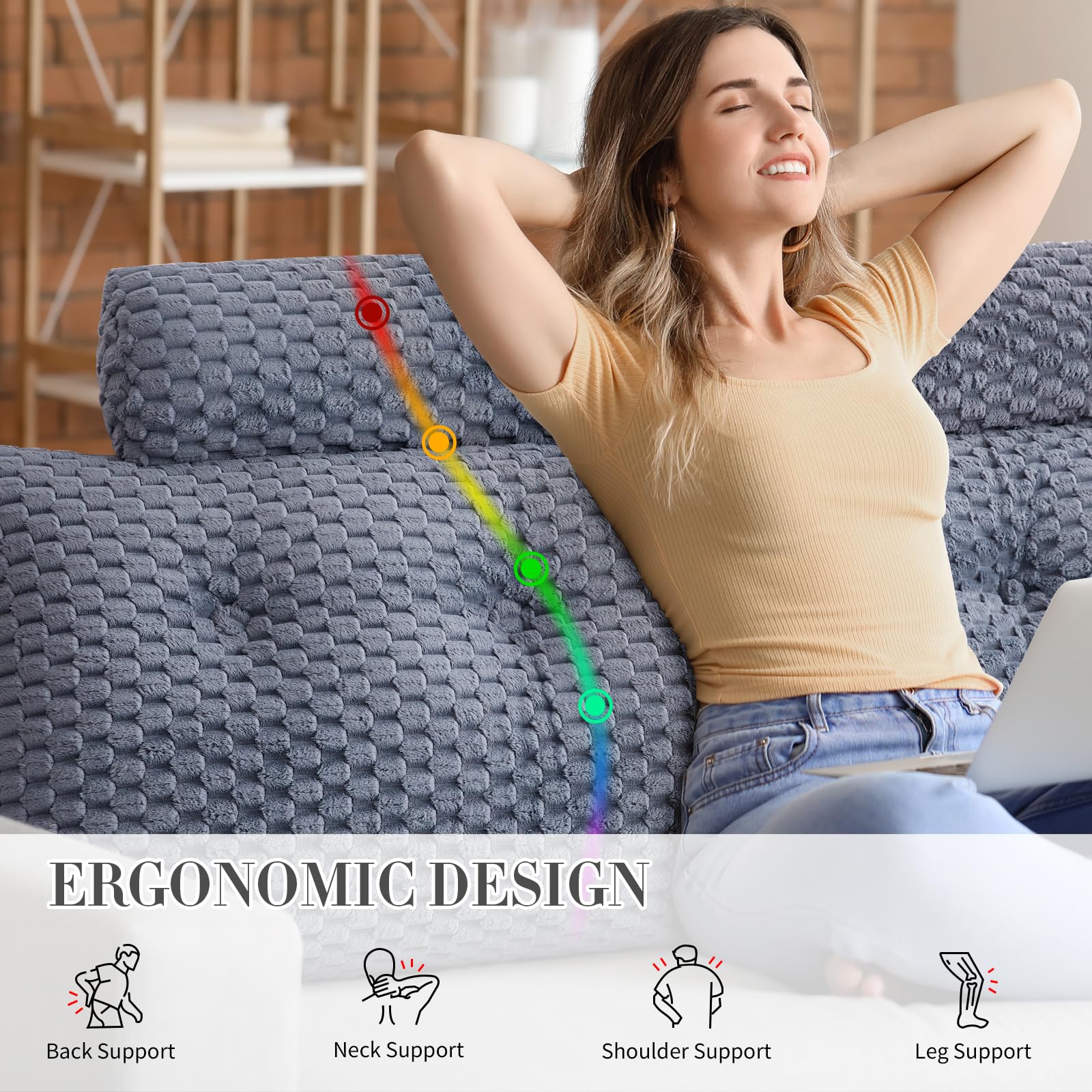 EUHAMS Wedge Headboard Pillow - Bed Wedge Pillow for Headboard Triangular Headboard Pillow with Neck Roll Pillow-Large Bolster for Sitting in Bed Backrest Positioning Support (Grey,59x8x20 Inches) - Grand Goldman