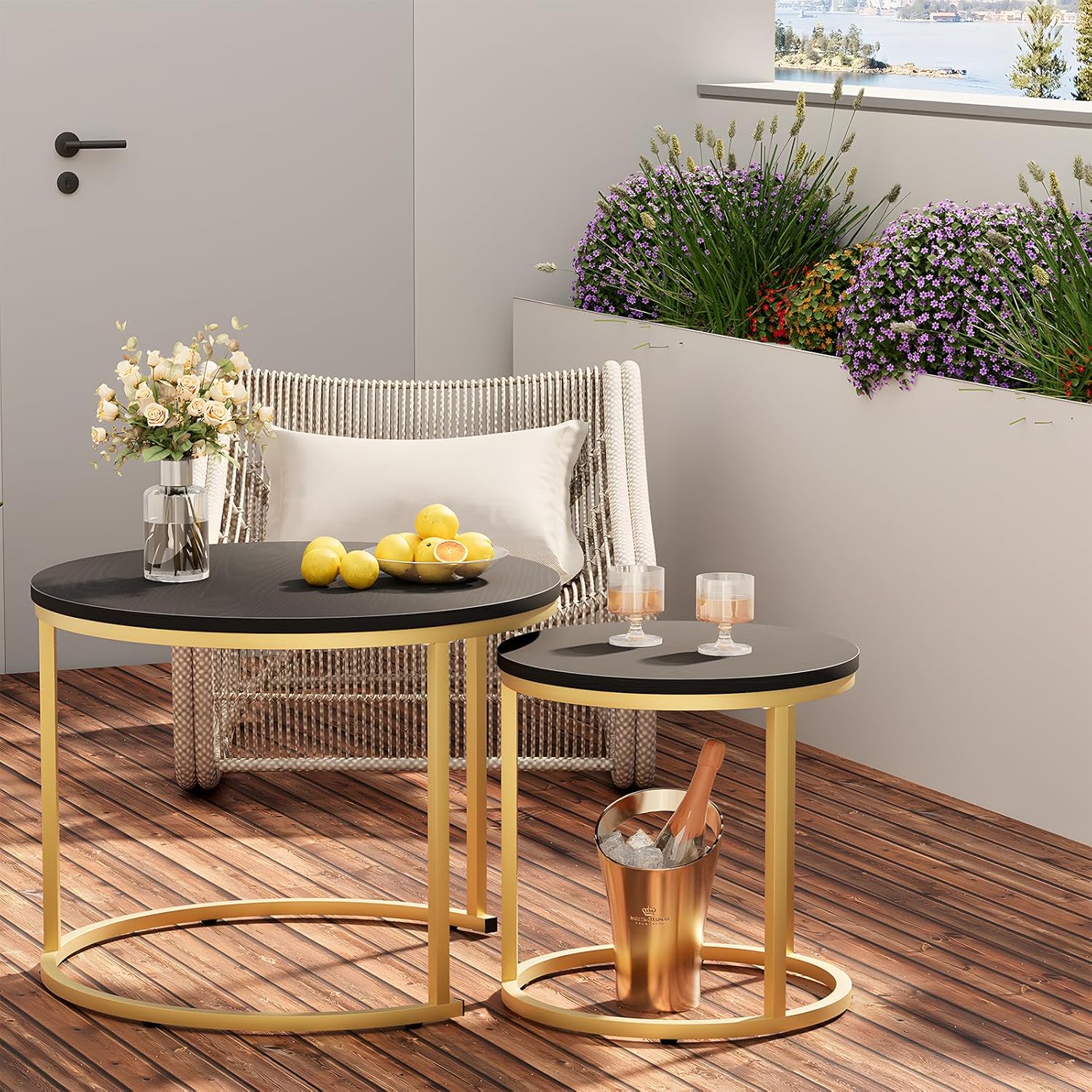 VILAWLENCE Coffee Table Nesting Set of 2 Round End Table Accent Side Stacking Tables Black Wood with Sturdy Metal Frame, Modern Living Room Table Sets Industrial Nightstand