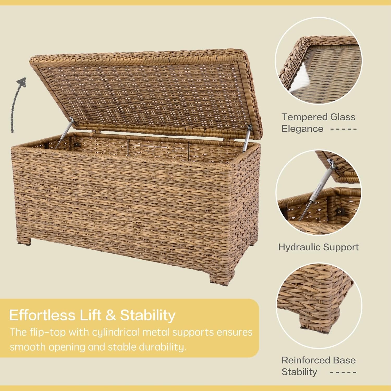 Classic Patio Coffee Table with Storage, Hand-Woven HDPE Rattan Wicker Outdoor Coffee Tables, Tempered Glass Flip-Top, Waterproof for Porch Backyard (40''Wx19''Dx22''H, Light Brown)