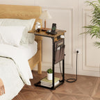 Vagusicc C Shaped End Table with Charging Station, Adjustable Height Side Table for Couch, Small Sofa Table with Storage Bag, Slide Under Sofa TV Tray Snack Arm Tables for Living Room, Bedroom, Brown