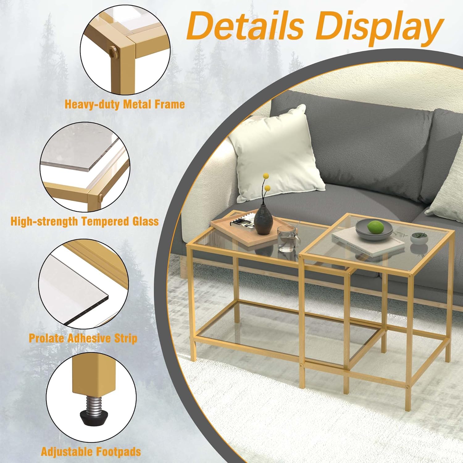 Nesting Coffee Table,Small Glass Coffee Table Set of 2,Black Modern Center Sofa Side Tea Table for Living Room,Bedroom and Small Spaces,2 Tier Tempered Glass, Easy Assembly,Gold