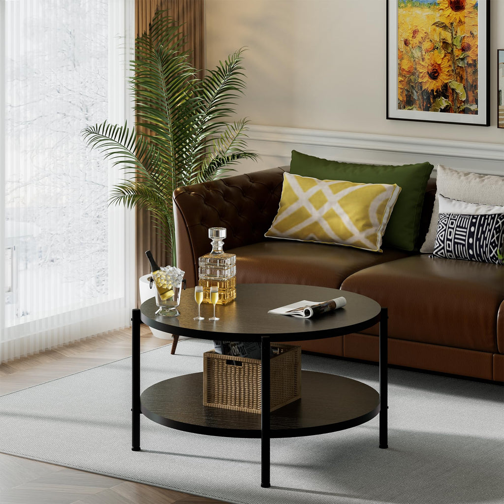 Round Coffee Table, Small Coffee Tables for Living Room, Wood Coffee Table with Metal Frame, Floor Table Desk for Sitting on The Floor, Home, Office, Farmhouse, Rustic Brown (23.6"D x 17.7"H)