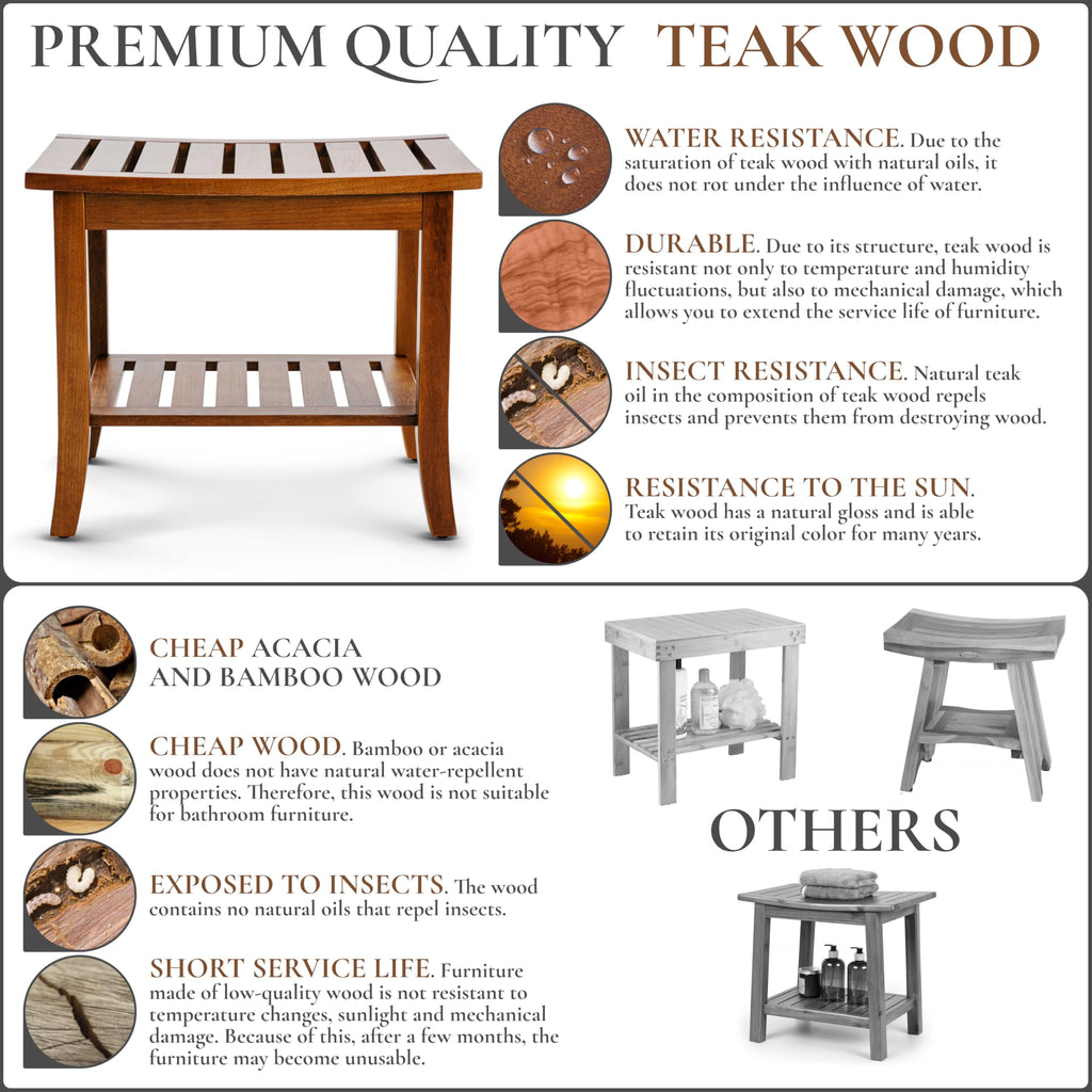 Teak Shower Bench with Storage Shelf, Shower Stool for Inside Shower, Waterproof Shower Bench Seat, Shower Chair for Inside Shower, Wood Bench, Bathroom Bench, Wooden Stool for Adults Sitting