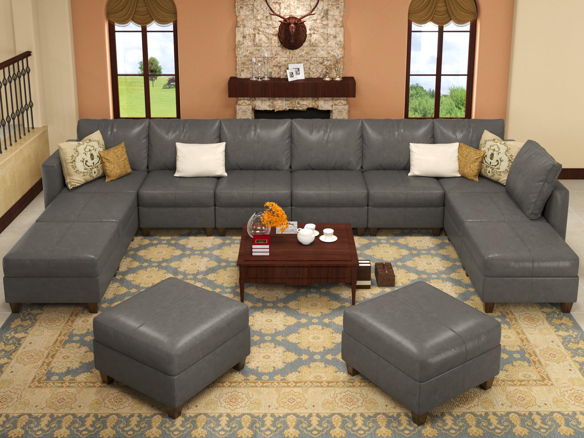 EASE MOOSE Brown Modular Sectional Couch with Storage, Faux Leather Sectional Modular Sofa or Living Room