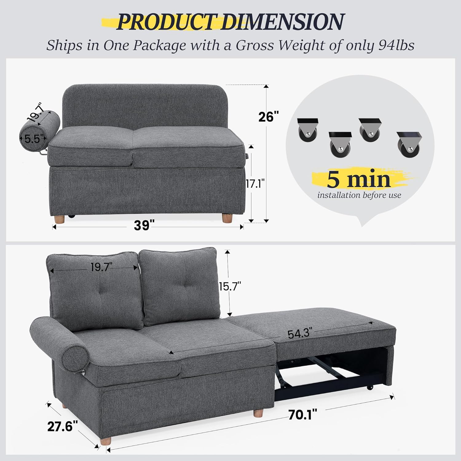 Sleeper Sofa Bed 4-in-1 Convertible Couch, Linen Fabric Love seat Couch with 2 Throw Pillow, Single Recliner for Small Space with 5 Adjustable Angles Backrest