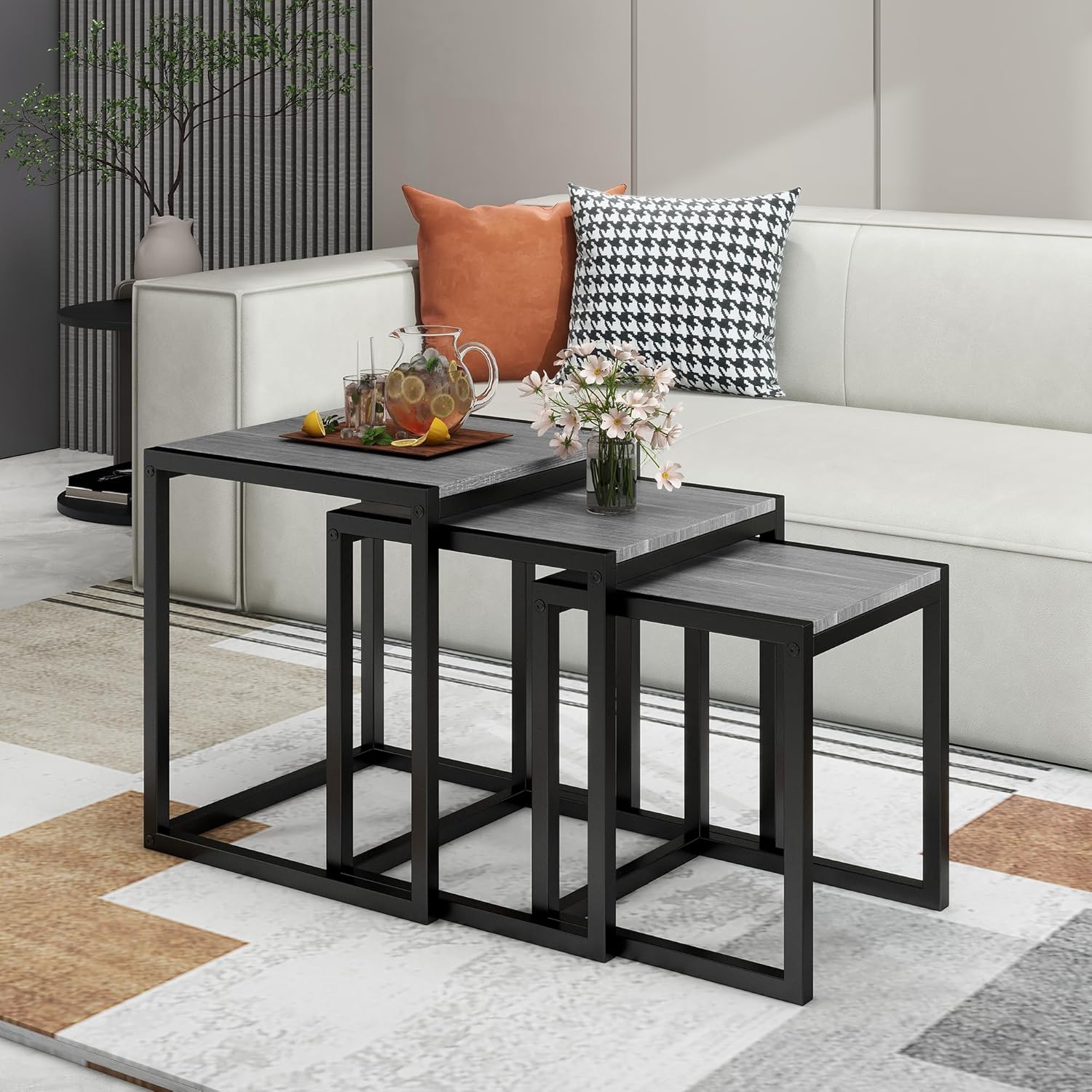 Nesting Table Set of 3 Side Tables, Modern Coffee Table Stacking End Table with Metal Frame (A-Square, Grey)