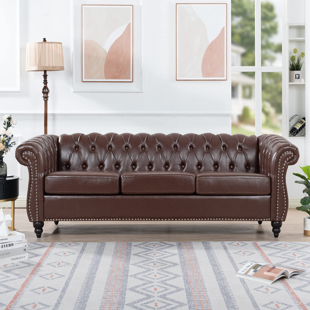 Ball & Cast 83" Chesterfield Leather Sofa with Channel Tufted Seat Back,Removable Square Arm Nailhead Trim Classic 3 Seater Couch,Mid Centuryfor Living Room,Bedroom,Office,Black PU