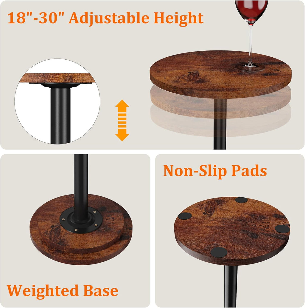 2Pack Drink Table, Small Side Table with Adjustable Height & Heavy-Duty Design, Pedestal Martini Tables for Small Spaces, Sofa Couch, Living Room, Bedroom, Supports up to 88 lbs, Rustic Brown