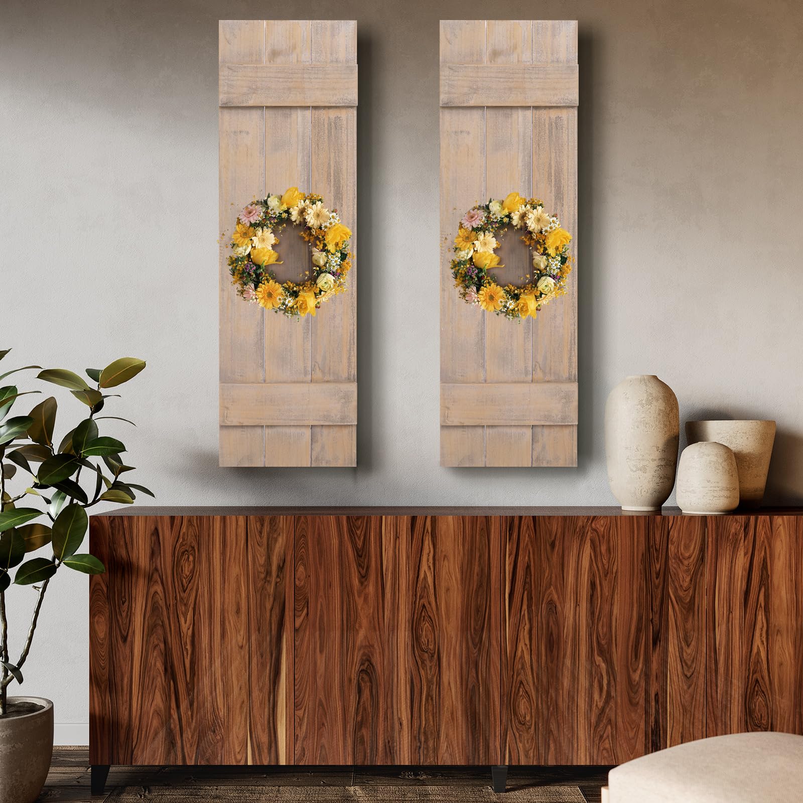 GOFLAME Wood Shutters for Wall Decor, Reclaimed Wood Board and Batten, Exterior & Interior Rustic Farmhouse Window Shutters for Living Room, Dining Room, Porch, Light Brown