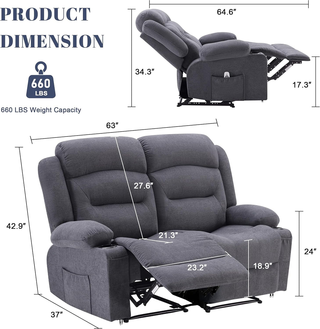 Oversized Recliner Loveseat with Heat and Massage, Wall-Hugger Reclining Sofa with Cup Holders and USB Port, Big Large 2-Seater Double RV Recliner Loveseat for Living Room (Fabric, Grey)