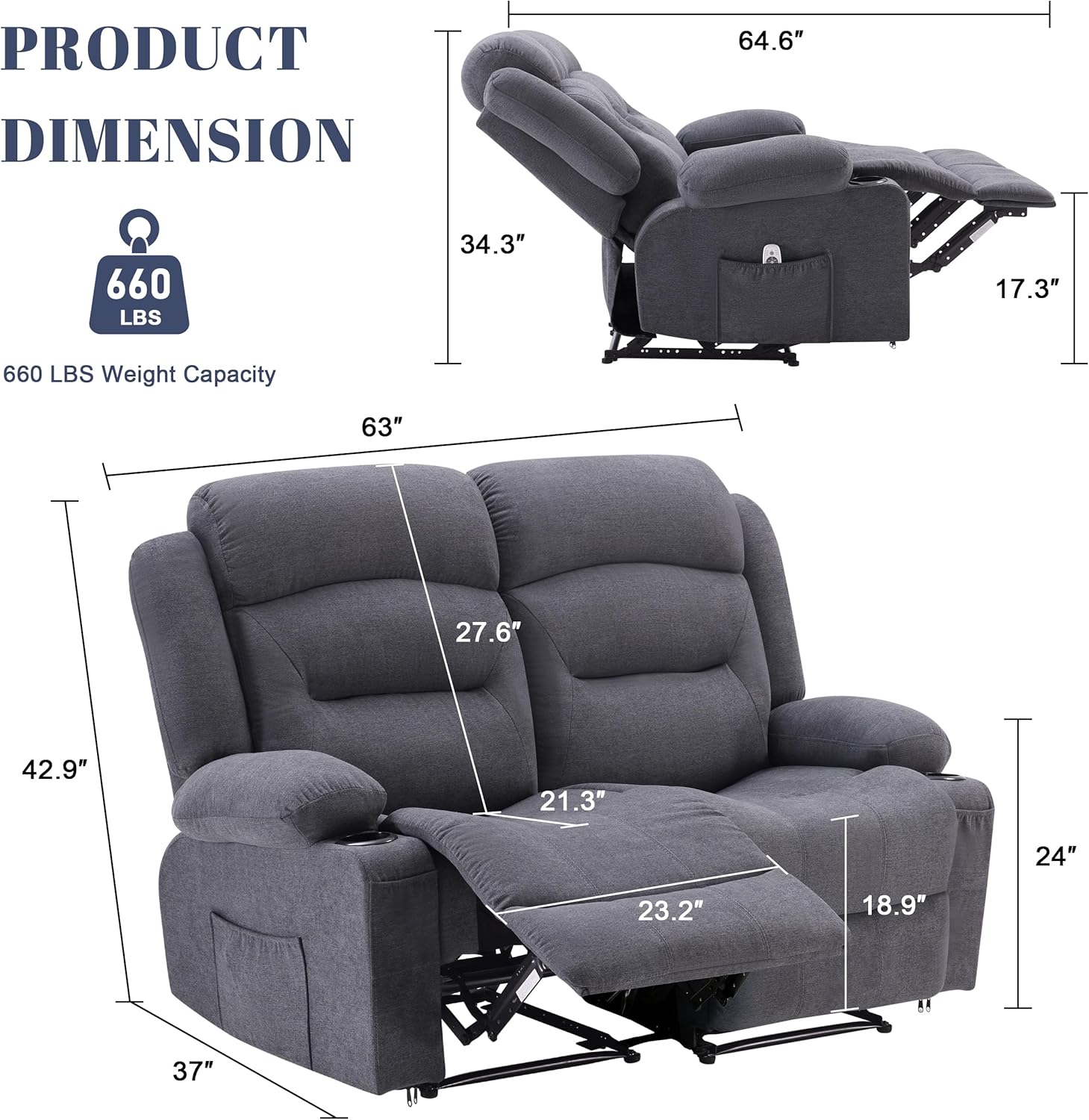Oversized Recliner Loveseat with Heat and Massage, Wall-Hugger Reclining Sofa with Cup Holders and USB Port, Big Large 2-Seater Double RV Recliner Loveseat for Living Room (Fabric, Grey)