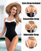ACHREPLA Ribbet Énstykke Badedragter til Kvinder Sexet Krydsryg Mavekontrol Badedragt Dobbelt Stropper Badetøj Sort og Hvid