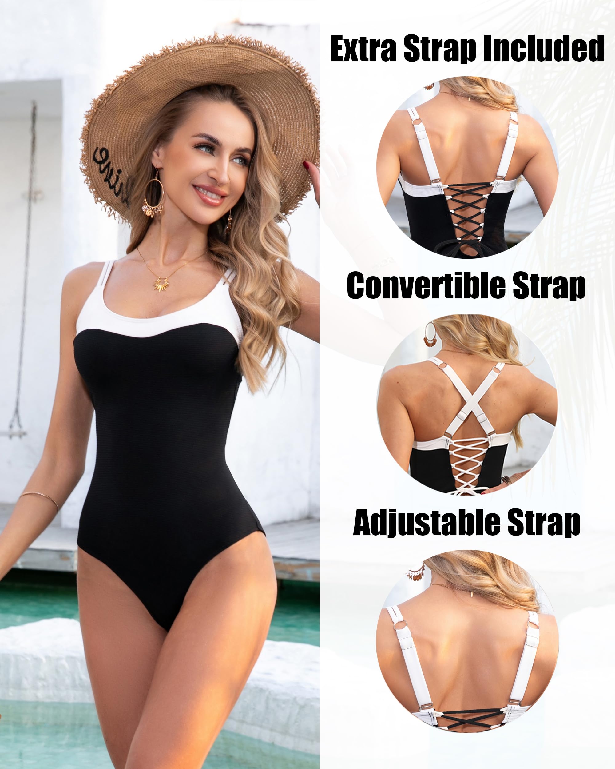 ACHREPLA Ribbet Énstykke Badedragter til Kvinder Sexet Krydsryg Mavekontrol Badedragt Dobbelt Stropper Badetøj Sort og Hvid