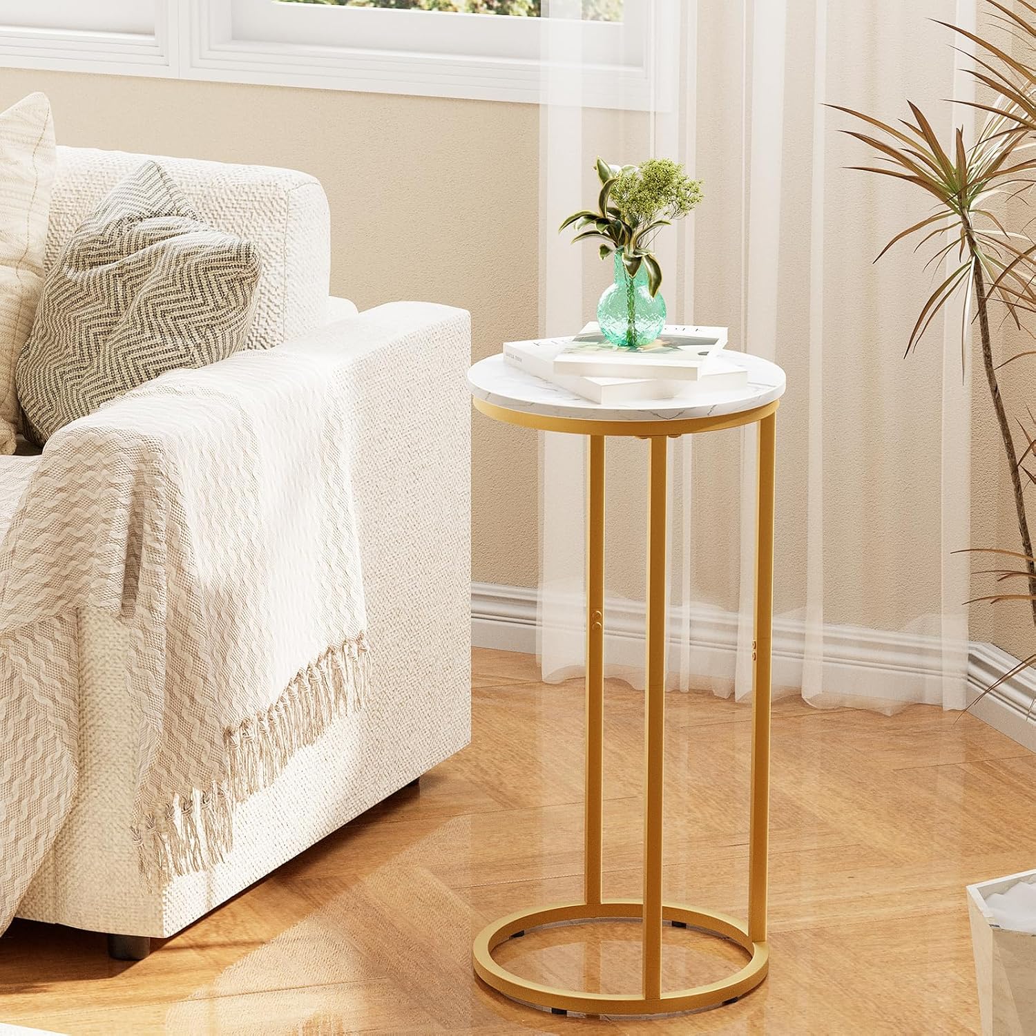 C Shaped end Table,Wood Round Side Table for Couch,Small Sofa Table with Metal Frame for Bedroom,Living Room,Bedside,Gold Color(11.81" D x 11.81" W x 23.62" H)