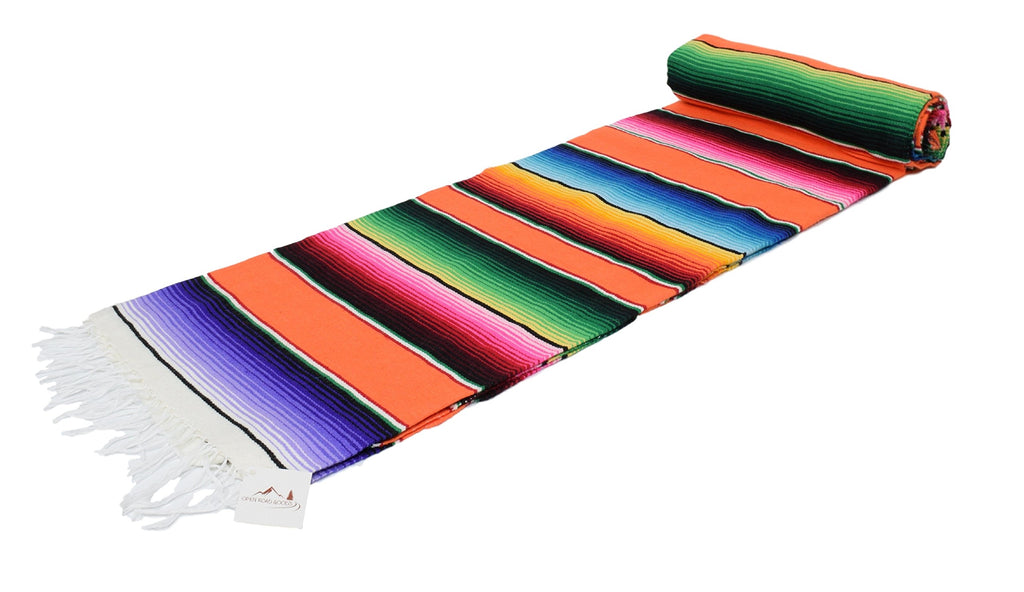 Open Road Goods Authentic Mexican Serape Blanket - Multicolor Lightweight Handmade Mexican Saltillo Blanket/Classic Stripe Pattern, Throw, Beach Blanket, Tapestry or Yoga Blanket. Multi Orange