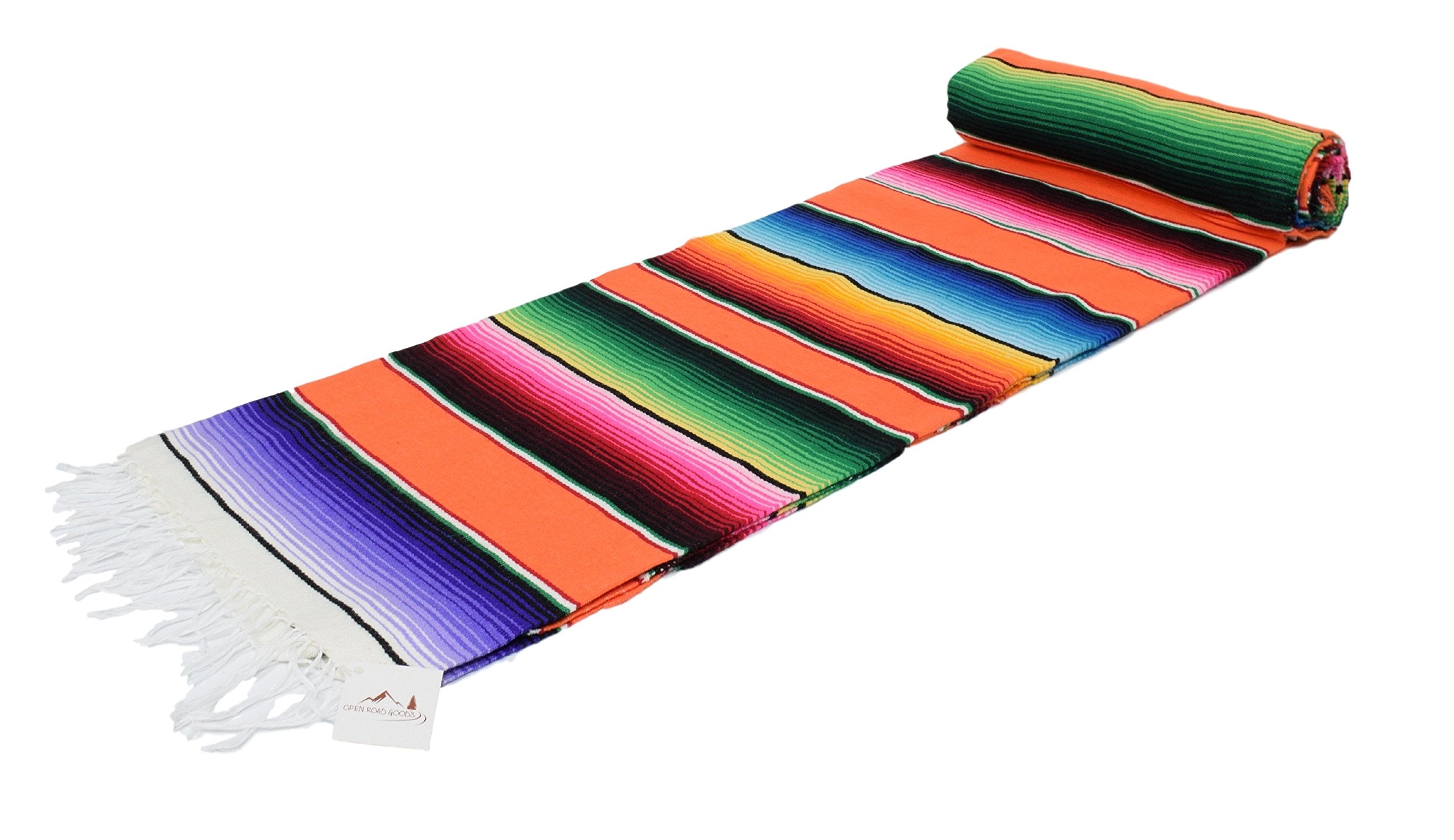 Open Road Goods Authentische mexikanische Serape-Decke - Mehrfarbige, leichte, handgefertigte mexikanische Saltillo-Decke/Klassisches Streifenmuster, Überwurf, Stranddecke, Wandteppich oder Yogadecke. Multi Orange