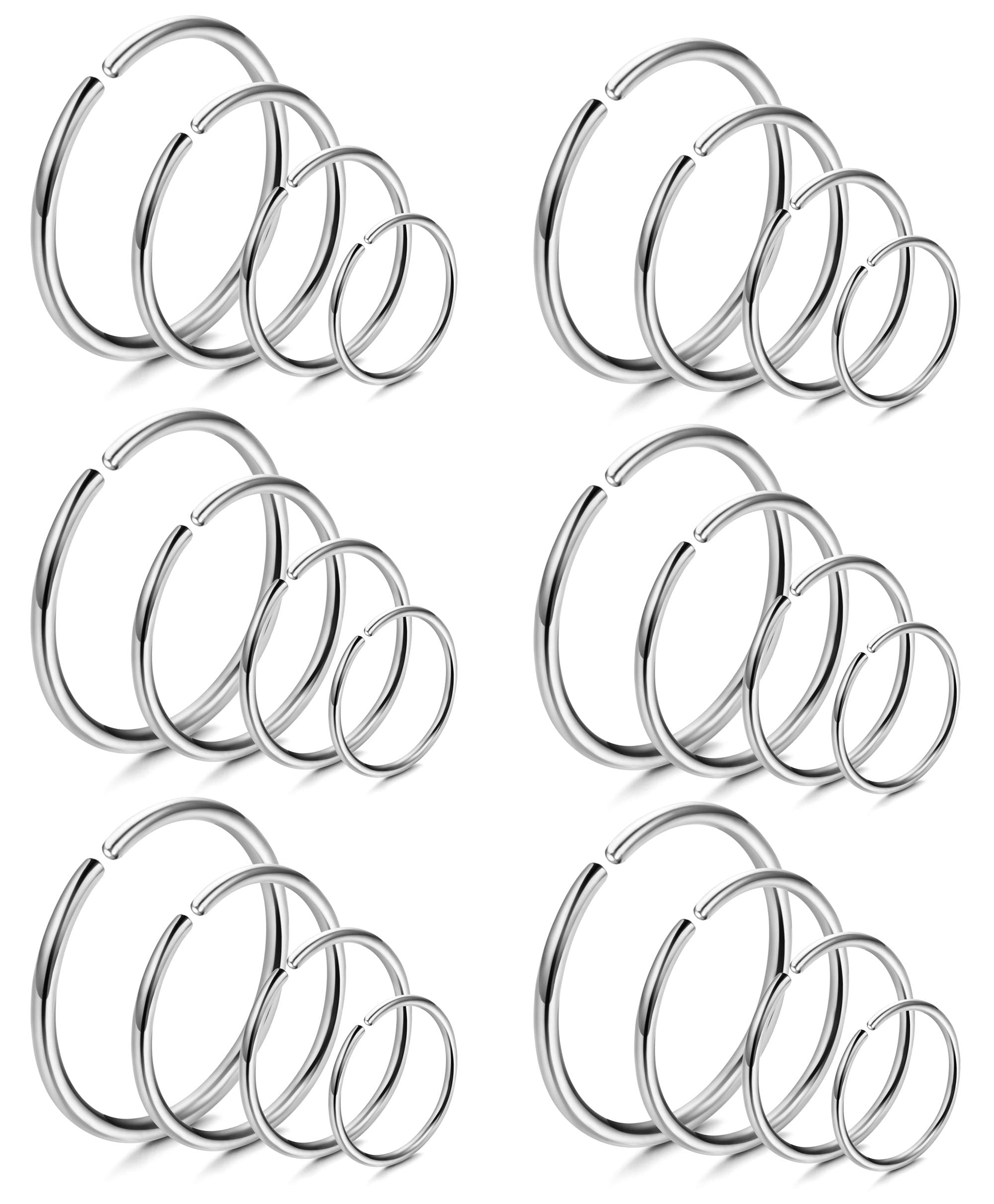 LOYALLOOK 18/24Pcs Hypoallergenic Nose Rings Hoops 316L Surgical Stainless Steel Lightweight Small Piercing Jewelry for Women Men Cartilage Tragus Helix