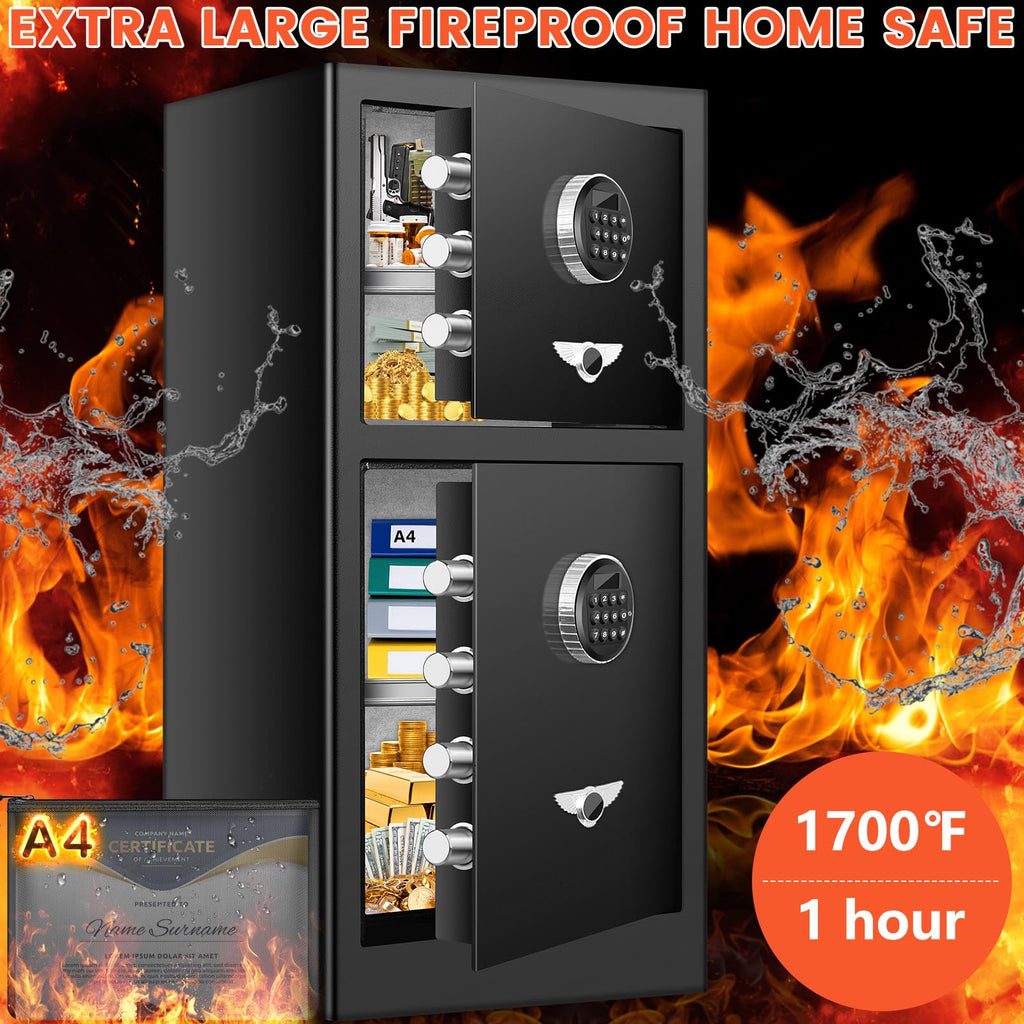 [DOUBLE DOOR SAFE] 8.1 Cub Extra Large Home Safe with Fireproof Waterproof Document Bag, Heavy Duty Digital Security Safe with [HIDDEN LOCK BOX], Fireproof Safe for Home Business Office USE - Grand Goldman