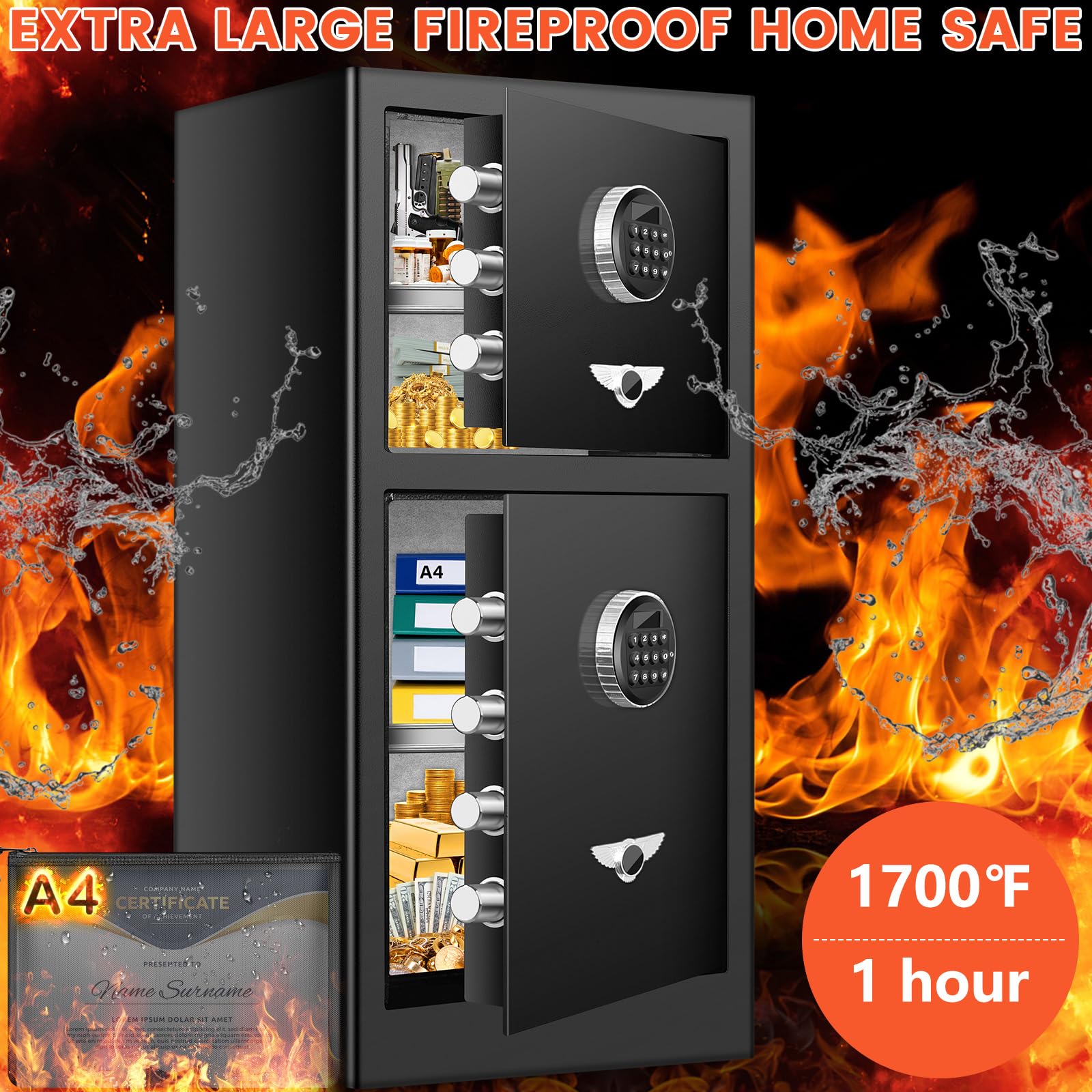 [DOUBLE DOOR SAFE] 8.1 Cub Extra Large Home Safe with Fireproof Waterproof Document Bag, Heavy Duty Digital Security Safe with [HIDDEN LOCK BOX], Fireproof Safe for Home Business Office USE - Grand Goldman