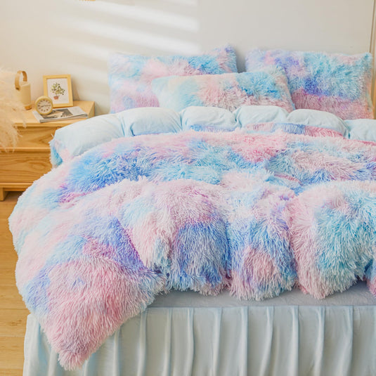 Fluffy Pink Faux Fur Comforter Cover Set，Fluffy Fuzzy Plush Pink Bedding 3Pcs (1 Faux Fur Duvet Cover +2 Fuzzy Pillowcases) Pink Fluffy Bed Set (Pink, Queen)