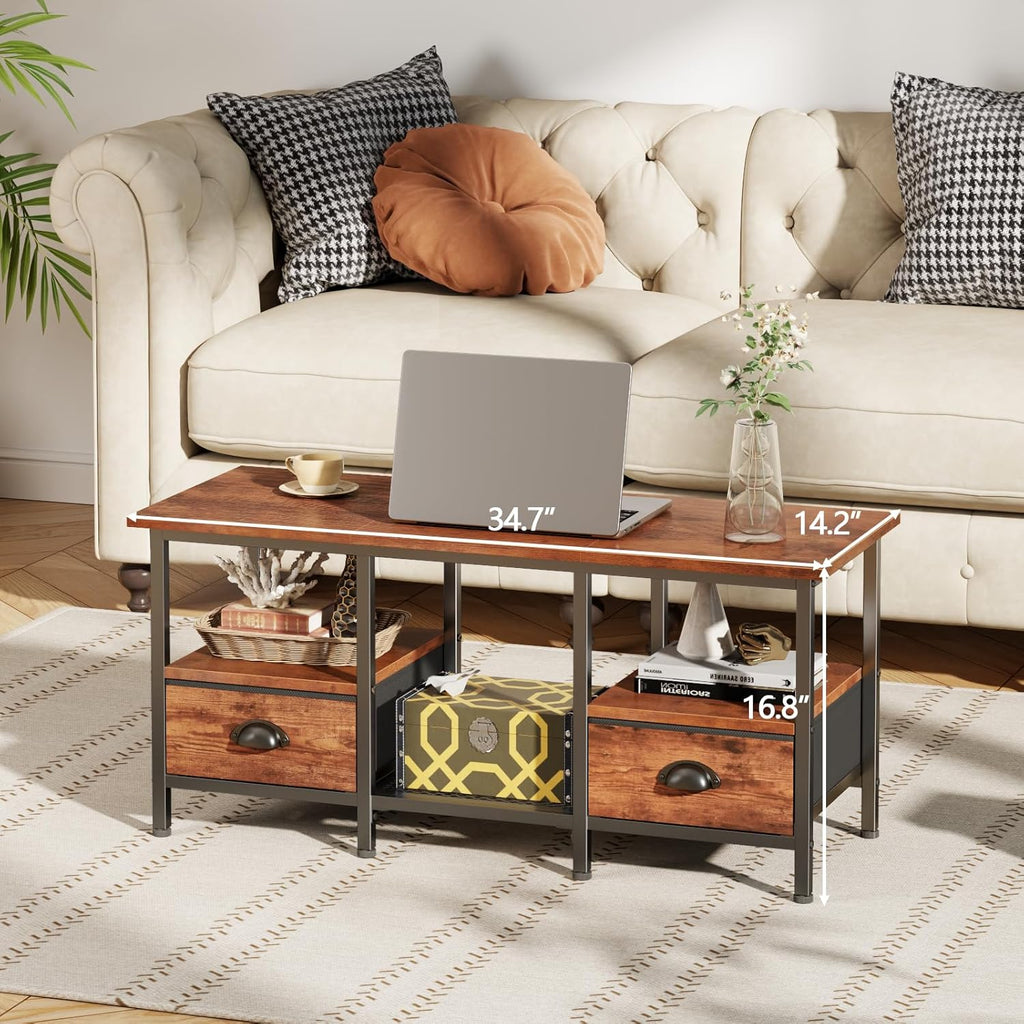 Furologee Coffee Table with 2 Fabric Drawers, 35inch Small Coffee Table for Living Room, 2-Tier Central Table with Storage Shelves for Home Office, Rustic Brown